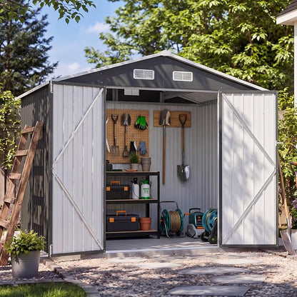 8x6FT Outdoor Storage Shed Black | Metal Garden Tool Shed with Sloping Roof & Lockable Door for Garden, Patio, Backyard