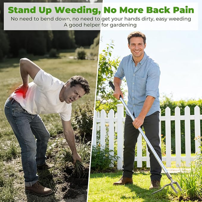 One-Piece Stand Up Weed Puller Tool with Long Handle, 47" No Assembly Stainless Steel Garden Weeder Dandelion Root Removal Without Kneeling