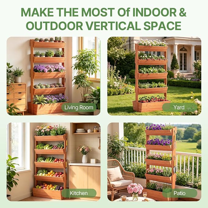 Suteck Vertical Wooden Raised Garden Bed, 5 Tier Garden Planters Freestanding Plant Stand Flower Rack Wooden Planter Box for Plants Flowers Herbs Vegetables Indoor Outdoor Gardening