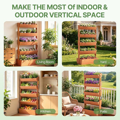 Suteck Vertical Wooden Raised Garden Bed, 5 Tier Garden Planters Freestanding Plant Stand Flower Rack Wooden Planter Box for Plants Flowers Herbs Vegetables Indoor Outdoor Gardening
