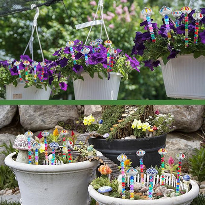 Tigeen 236 Pcs Garden Stake DIY Fairy Wand Plant Stake with 12 Colorful Crystal Stopper Top 12 Threaded Rod with 200 Large Hole Bead for Spring Summer Holiday Outdoor Decorations(Mushroom and Pumpkin)
