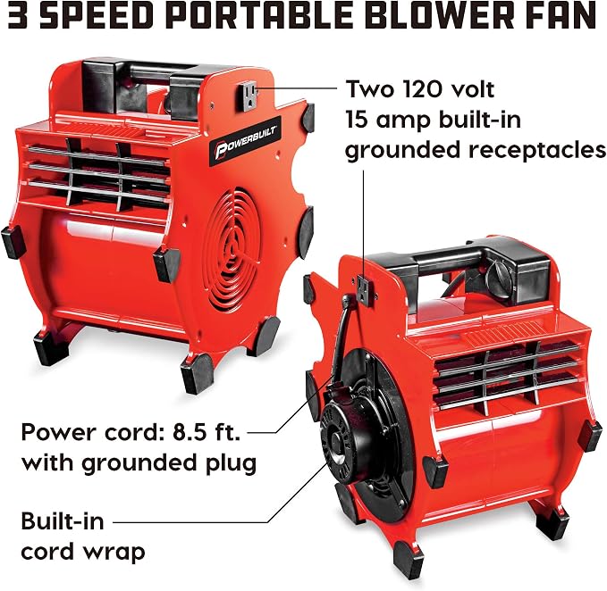 Powerbuilt 3 Speed Portable Blower Dry Fan, Adjustable 3-Speed, Shop Dryer, Wet Carpet, Paint, Built-in Outlets - Red 642259