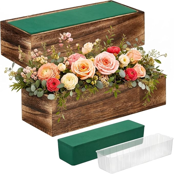 Dandat 2 Set Wood Boxes for Centerpieces 12x4 Inch Rectangle Wooden Planter Box Rustic Wood Planter with Removable Plastic Liner Floral Foam Blocks for Centerpieces Home Wedding Garden Decor