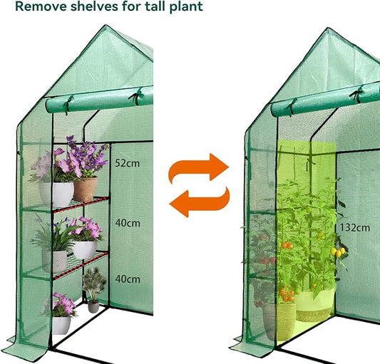 Walk in Greenhouse with Shelves,Walk-in Plant Plastic Green House with Windows Green PE Cover, 3 Tiers 6 Shelves Greenhouse Frame Stands with Ground Pegs & Ropes,56" L x 29" W x 77" H