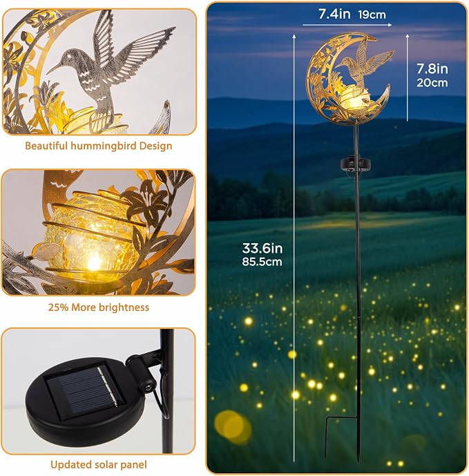 Solar Hummingbird Garden Gifts for mom/Grandma/Women,Lights Outdoor Decor - Moon & Bird SolaGardenLights Waterproof, Auto On/Off Pathway Lighting for Yard/Lawn/Patio,Thanksgiving Day