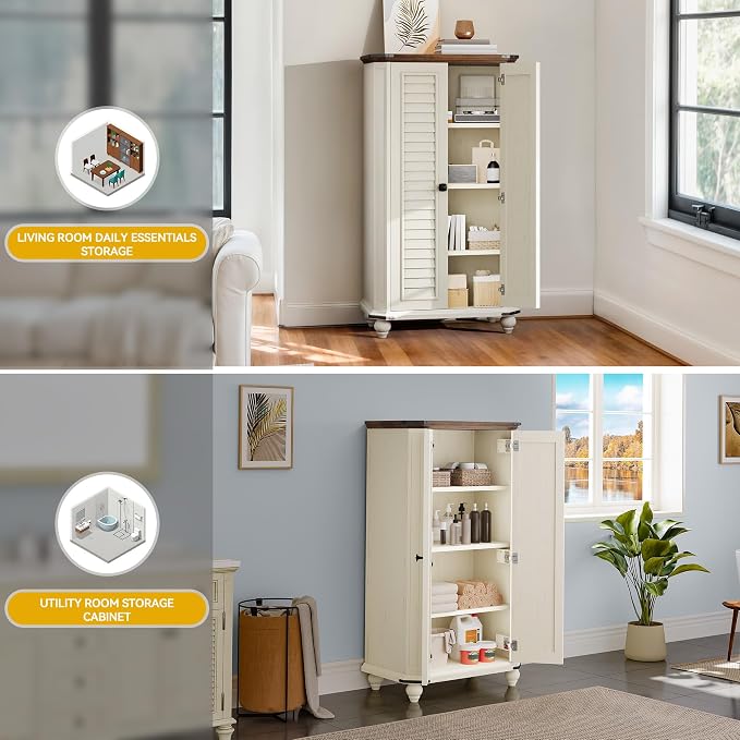 DWVO 4-Tier Storage Cabinet, 45.2" Farmhouse Kitchen Pantry Cabinet wth 2 Shutters-Doors & Adjustable Shelves, Wooden Tool Cabinet for Dining Room, Bathroom, Living Room, Laundry Room, Office, White | 4-Tier Storage Cabinet, Adjustable Shelves, Wooden ...