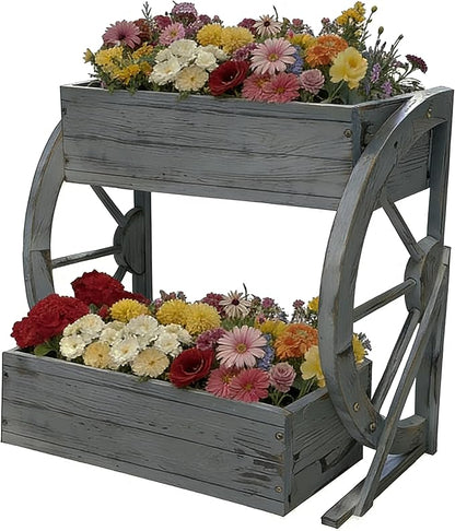NestNature Wooden Wagon Planter Box|Rustic Planter Use On Indoor&Outdoor | 2-Tier Medium Solid Wood Planter-Flower Pot Use On Patio,Porch,Garden-Raised Garden Bed For Succulents, Herbs, Vegetables