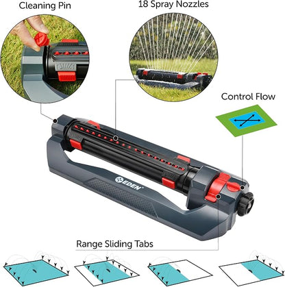 Eden 94094 Turbo Oscillating Sprinkler, Covers Up to 4,000 sq. ft., 18 Precision Nozzles, Adjustable Range and Width, Flow Control, Weighted Base, Quick Connect Starter Set