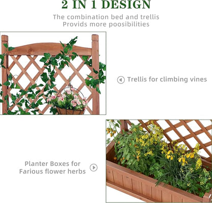 Raised Garden Bed with Trellis Set of 2, Outdoor Wood Planter Box & Plant Stand with Climbing Racks