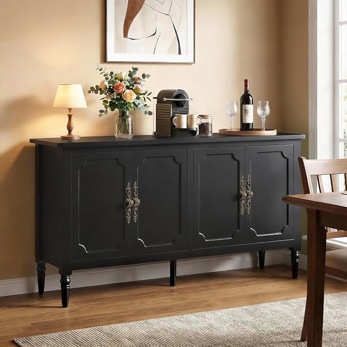 RoyalCraft 118" Buffet Cabinet with Storage, Vintage Sideboard with Adjustable Shelves, Mid Century Modern Painted Credenza Coffee Bar for Kitchen, Dining Room, Entryway, Living Room, Satin Black