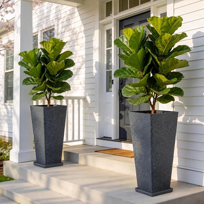 Autodaya 28" Oversized Black Terrazzo-Look PP Tall Planters Set of 2 | Lightweight PP Pots With Drainage Hole for Indoor and Outdoor Plants, Patio, Garden, Porch, Living Room, or Gifting