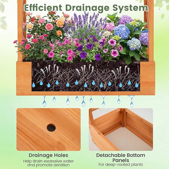 Giantex Wooden Raised Garden Bed with Trellis & Hanging Roof, Fir Wood Planter Box, 89” Freestanding Elevated Garden Bed for Outdoor Climbing Plants Vegetables Flowers, Patio & Balcony, Orange