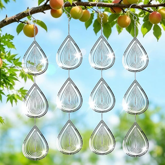 Reflective Wind Spinners for Outdoors, 12 PCS Stainless Steel Bird Control Discs with 360° Swivel Hooks, Humane 3D Hanging Ornament for Garden, Patio, Balcony & Orchard