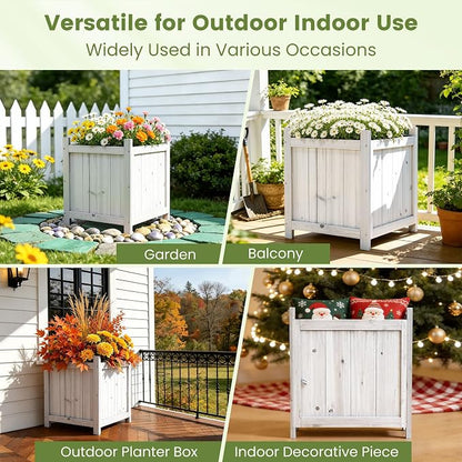2-Pack 16" White Fir Wood Square Planter Boxes with Drainage Holes | Set of 2 whitewashed fir wood planters with removable bases, liners, and drainage holes for porch, patio, or garden