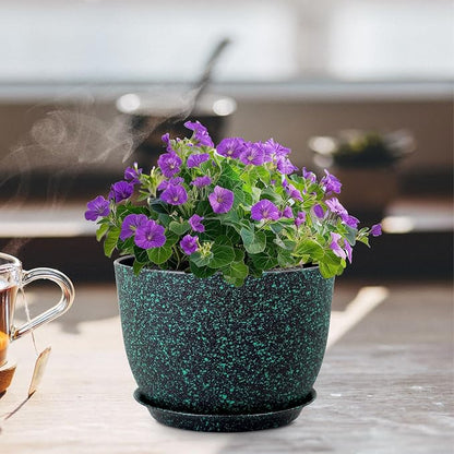 Meowell 12 inch Large Plant Pots, Plastic Planters with Drainage Holes and Saucers, Flower Pots for Indoor Outdoor Plants, Decorative Pots for Garden House Plants, Black with Green Speckles