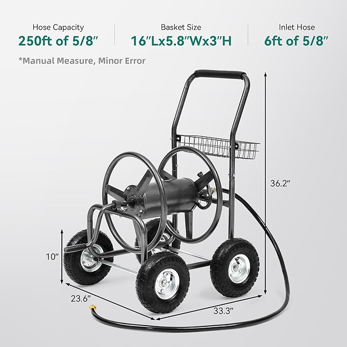 Hose Reel Cart, Holds 250 ft of 5/8" Hose, Heavy Duty Industrial Garden Water Hose Reel with 4 Wheels, Storage Basket, Powder-Coated Steel Frame for Lawn, Yard, Garden, Outdoor