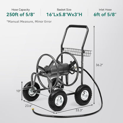 Hose Reel Cart, Holds 250 ft of 5/8" Hose, Heavy Duty Industrial Garden Water Hose Reel with 4 Wheels, Storage Basket, Powder-Coated Steel Frame for Lawn, Yard, Garden, Outdoor