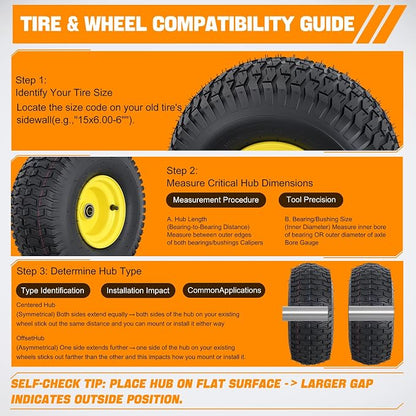 Yesker (1-Pack)15x6.00-6 Pneumatic Lawn Mower Tire and Wheel with 3/4" Bearing Bore, 15x6-6nhs Rubber Riding Lawnmower Tires with 3" Center Hub