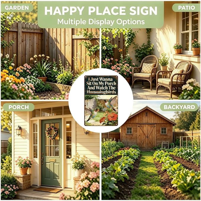 Funny Garden Metal Signs, Vintage Outdoor Wall Decor 8x12 Inch | I Just Wanna Sit On My Porch And Watch The Hummingbirds, Weatherproof Aluminum Sign for Patio Yard, Hummingbird Gift