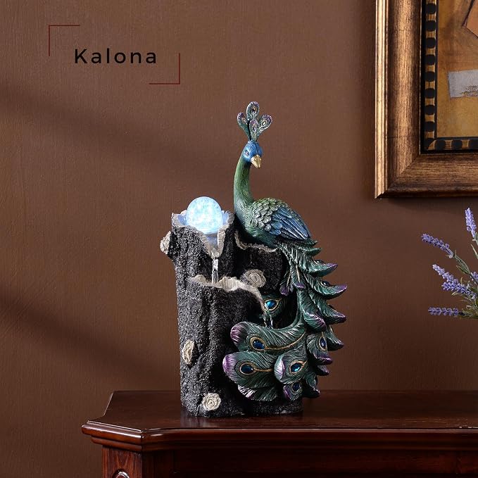 Kalona Tabletop Peacock Waterfall Fountain, 13.39" Indoor Water Feature with Rotating Glass Globe & LED Light-Up Base, Desktop Zen Fountain for Home Office Relaxation Decor (23048)