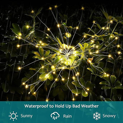 JJGoo Solar Firework Lights, 2 Pack 150 LEDs 2 Lighting Modes Solar Lights Outdoor Waterproof for Garden Patio Walkway Pathway Party Wedding Christmas Decorative - Warm White