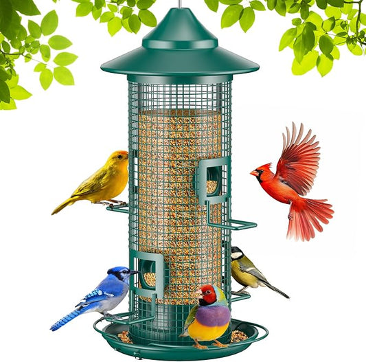 Metal Bird Feeder for Outdoors Hanging, Chew Resistant Design | 2lb large capacity, 4-port mesh tube, easy-refill 4.5" wide opening, all-weather rust-resistant feeder for cardinals, finches