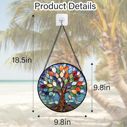 DASTOLL Stained Glass Window Hanging, Colorful Tree of Life Sun Catchers Glass Panel Blue Suncatcher Decor for Birthday for Women, Men, Wife, Aunt, and Mom 9.8 in