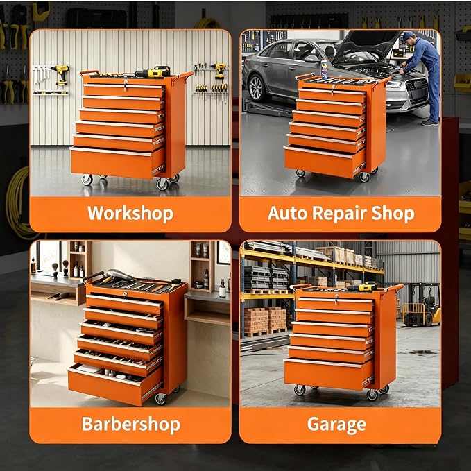 IDEALHOUSE Rolling Tool Chest, 6 Drawers Tool Storage Cabinet, Toolbox with Wheels, Portable Tool Cabinet Organizer with Locking System & Drawer Liners, Tool Storage Cart for Garage, Workshop, Orange