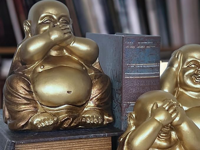 Bellaa Laughing Buddha Set of 3, Hear-No, See-No, Speak-No Evil, Happy Hotei Feng Shui Statue for Money Wealth Zen Chinese Buddhist Monk Budai Luck Happiness Gold 26058