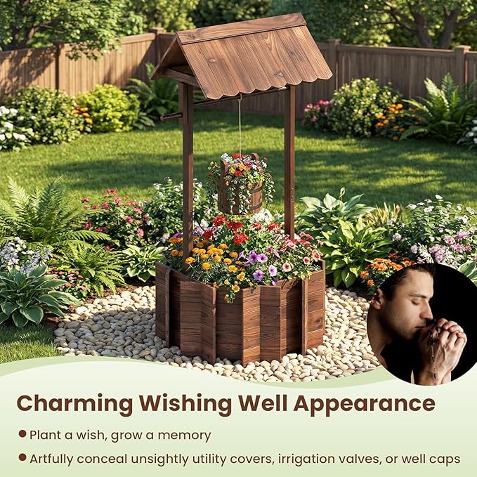 HAPPYGRILL Wooden Wishing Well Planter with Hanging Bucket, Flower Plants Planter, Outdoor Wishing Wells for Yard,Wishing Well Planters for Outside, Home Decor