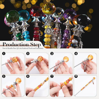 260 Pcs DIY Beaded Garden Stakes, Fairy Wand 10-Pack Garden Decorative Kit with Healing Crystal Pendant, 12in Threaded Rods, Crystal Diamond Tops, for Spring Garden Outdoor&Indoor Decorations