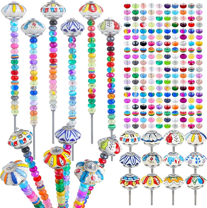 Tigeen 236 Pcs Garden Stake DIY Fairy Wand Plant Stake with 12 Colorful Crystal Stopper Top 12 Threaded Rod with 200 Large Hole Bead for Spring Summer Holiday Outdoor Decorations(Mushroom and Pumpkin)