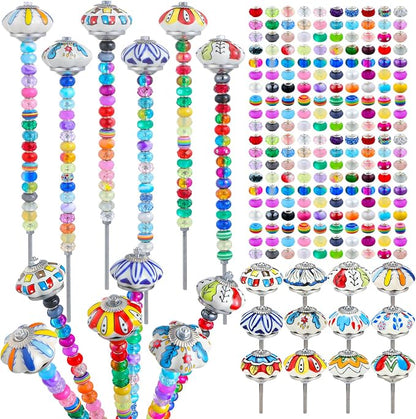 Tigeen 236 Pcs Garden Stake DIY Fairy Wand Plant Stake with 12 Colorful Crystal Stopper Top 12 Threaded Rod with 200 Large Hole Bead for Spring Summer Holiday Outdoor Decorations(Mushroom and Pumpkin)
