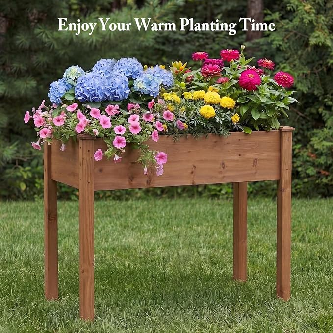 DUMOS Raised Garden Bed 48x24x30 Inch, Outdoor Planter Box with Legs, Elevated Wood Garden Bed with Liner for Herbs Flowers Vegetables, Wooden Planter Box for Patio, Balcony and Backyard, Brown