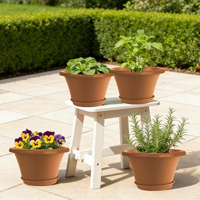 Quarut 12 Inch Pots for Plants,4 Pack Large Flower Pots with Saucer | Modern Planters for Indoor Outdoor Plants,Decorative Resin Garden Pots with Drainage Holes(Orange)
