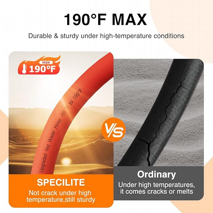 SPECILITE 3/4" Hot/Cold Garden Water Hose 50ft, -50℉-190℉,Flexible & Lightweight With 3/4" Brass Fittings for Yard, Outdoor, Farm, Red
