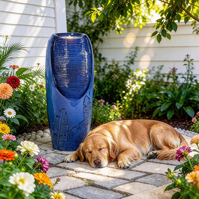 Autodaya 33" H Ceramic Jar Outdoor Water Fountain with Lights, Cobalt Blue | Natural Charm Water Feature with 3D Tropical Leaf Pattern, Soothing Cascading Waterfall for Peaceful Garden Patio Yard Porch