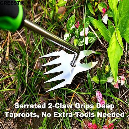 GREBSTK Deep Root Weed Puller, Stainless Steel Heavy Duty 5+2 Tooth | 5-Tooth Surface & 2-Tooth Root Claws, Rustproof Steel, Non-Slip Grip, for Dandelion, Thistle, Crabgrass in Lawns & Beds