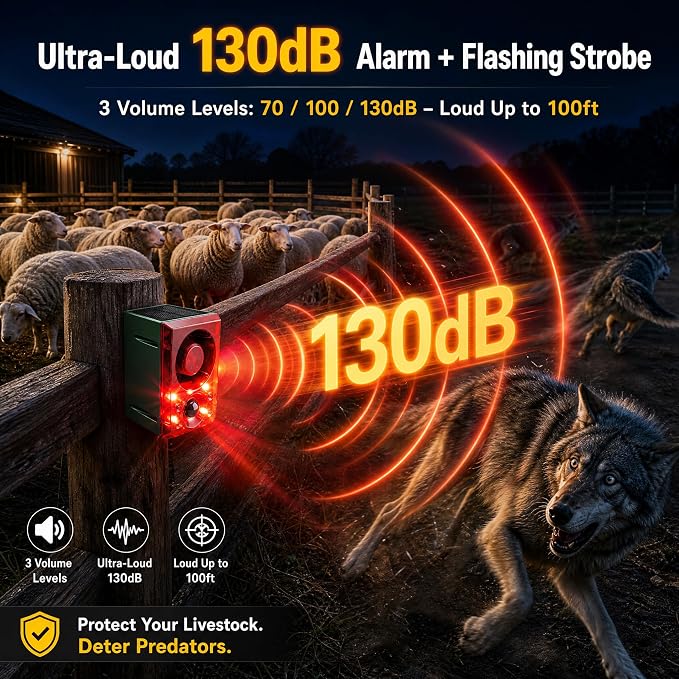 ChunHee Solar Outdoor Motion Sensor Alarm with Dog Barking Gunshot Sound, Support Recording and Adjustable Volume, 130db Loud Noise Maker 3 Work Modes Strobe Light for Home, Villa, Farm, Barn (4pack)