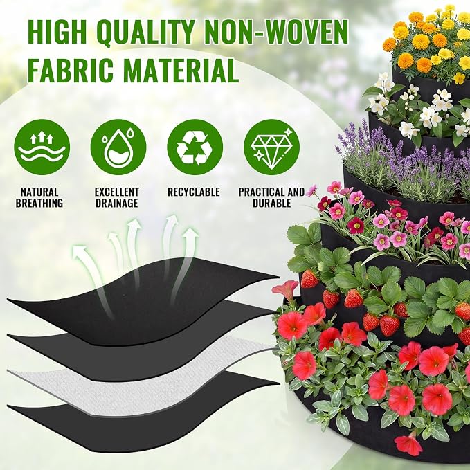 6 Tiered Strawberry Planter for Outdoor Plants, 47 Inch Heavy Duty Strawberry Tower Planter Grow Bags, Breathable Non Woven Fabric Raised Garden Bed for Vegetables Flower Herbs Gardening