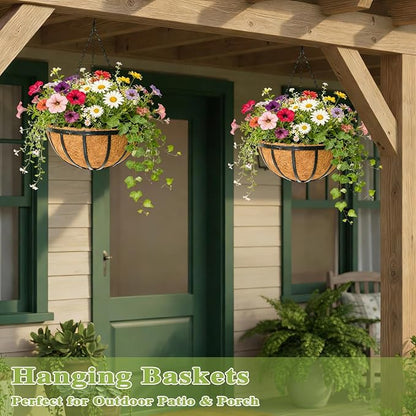 16 Inch Black Flat Iron Metal Hanging Planter Basket with Coco Coir Liner(4 Pack) Hanging Planters for Outdoor Plants Hanging Baskets for Plants Flower Pots for Deck Patio Porch Garden Balcony
