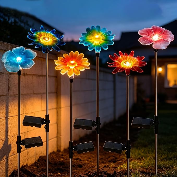 6 Pack Solar Garden Lights Outdoor Decor,Stake Yard Figurine Colorful Flower Light, Housewarming Ornament for Patio, Lawn, Yard, Pathway (Art Deco)