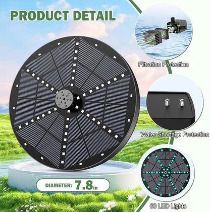 Yzert Upgraded Solar Fountain Bird Bath with 60 LED Lights, Solar Powered Water Fountain Pump with 4000mAh Battery 7 Nozzles 4 Fixers, for Garden Patio Pond Birdbath Pool