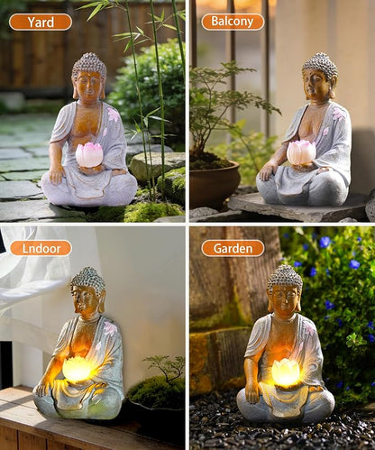 Nacome Solar Buddha Garden Statue Decor: Sitting Resin Figurine with Lotus Flower Light Zen Sculpture for Patio Lawn Yard Porch Balcony Meditation Space - 8.3 inches(White)