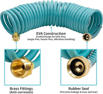 AUTOMAN EVA Recoil Garden Hose 25ft - Includes 7 Pattern Spray Nozzle,Curly Water Hose 25 Foot,Watering Coil,Retractable,Corrosion Resistant Garden Coil Hose.
