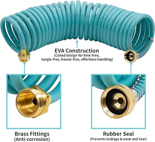 AUTOMAN EVA Recoil Garden Hose 25ft - Includes 7 Pattern Spray Nozzle,Curly Water Hose 25 Foot,Watering Coil,Retractable,Corrosion Resistant Garden Coil Hose.