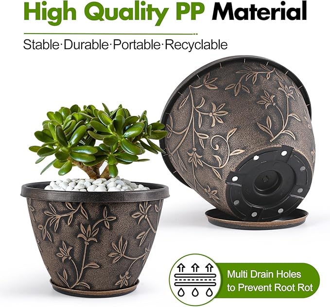 Nooulap 4 Pack 16 Inch Plant Pot with Drainage Hole, Plastic Large Indoor Outdoor Planter, Decorative Flower Pot for Patio, Garden & Front Porch, with Gold Flower Partten (Retro Brown)