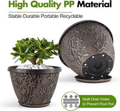 Nooulap 4 Pack 16 Inch Plant Pot with Drainage Hole, Plastic Large Indoor Outdoor Planter, Decorative Flower Pot for Patio, Garden & Front Porch, with Gold Flower Partten (Retro Brown)