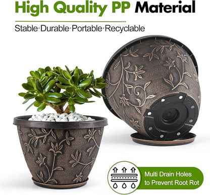 Nooulap 12 Inch Pots for Plants with Drainage, Large Plastic Flower Pots Outdoor Indoor, Decorative Planters with Gold Flower Pattern for Home, Porch, Balcony & Garden (Retro Brown)