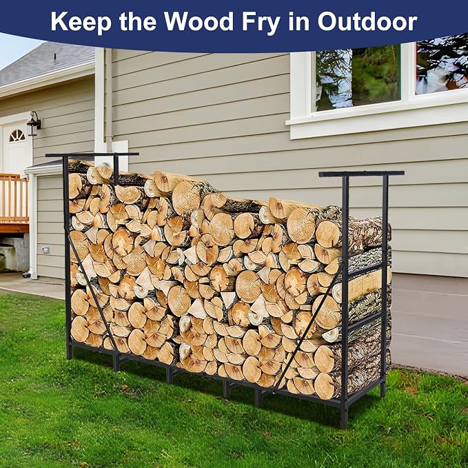 HONEST OUTFITTERS 6ft Firewood Rack Outdoor, Adjustable Heavy Duty Firewood Holder, Adjustable Wood Racks for Outdoor Indoor, Metal Log Racks for Firewood with Firewood Bag Carrier, Black